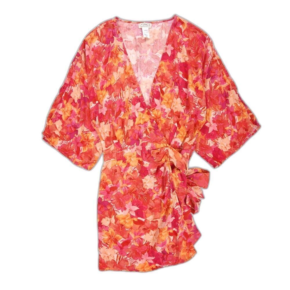 NEW L*Space Pfeiffer Wrap Mini Dress Kimono Sleeve Resort Swim Cover Up Floral